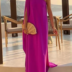 Patchwork Inclined shoulder Fashion Party Dress, Women Summer Beach Elegant Maxi Dress, 2024 Casual Diagonal Collar Ladies Dress