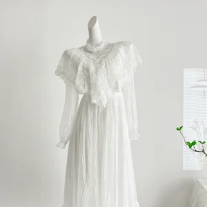White Lace Fairy Dress Woman Vintage Victorian Style Long Sleeve Half High Collar Romantic Lady Long Dresses Vestido Branco