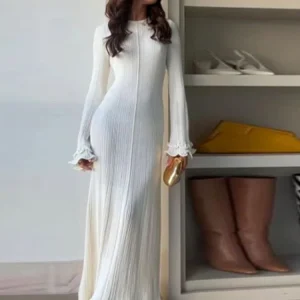 Fashion Flared Sleeves Lace Hem Maxi Dress Lady Elegant Solid Back Lace Up Long Dress Female Casual Streetwear Club Party Robes