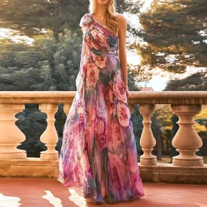 Casual Fashion Print Long Beach Dress Sexy Skew Collar Backless Chiffon Party Dress Women Elegant Lace-up Bow Pleated Boho Dress