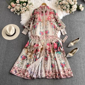 Holiday Flower Print Long Dress Women's Stand Lantern Sleeve Single Breasted Floral Print Belt Oversize Maxi Robe Vestidos 2063