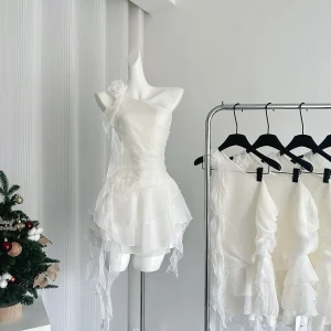 New French Oblique Shoulder Sleeveless Chiffon White Dress Summer Waist Slimming Fairy A-line Short Sweet Cake Dress for Women